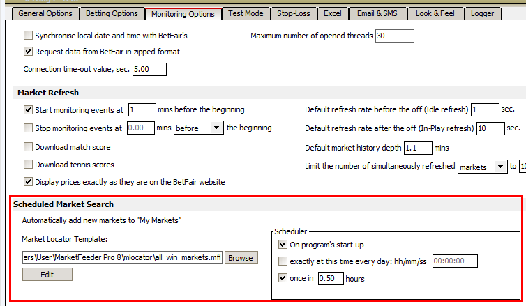 Scheduled market search settings